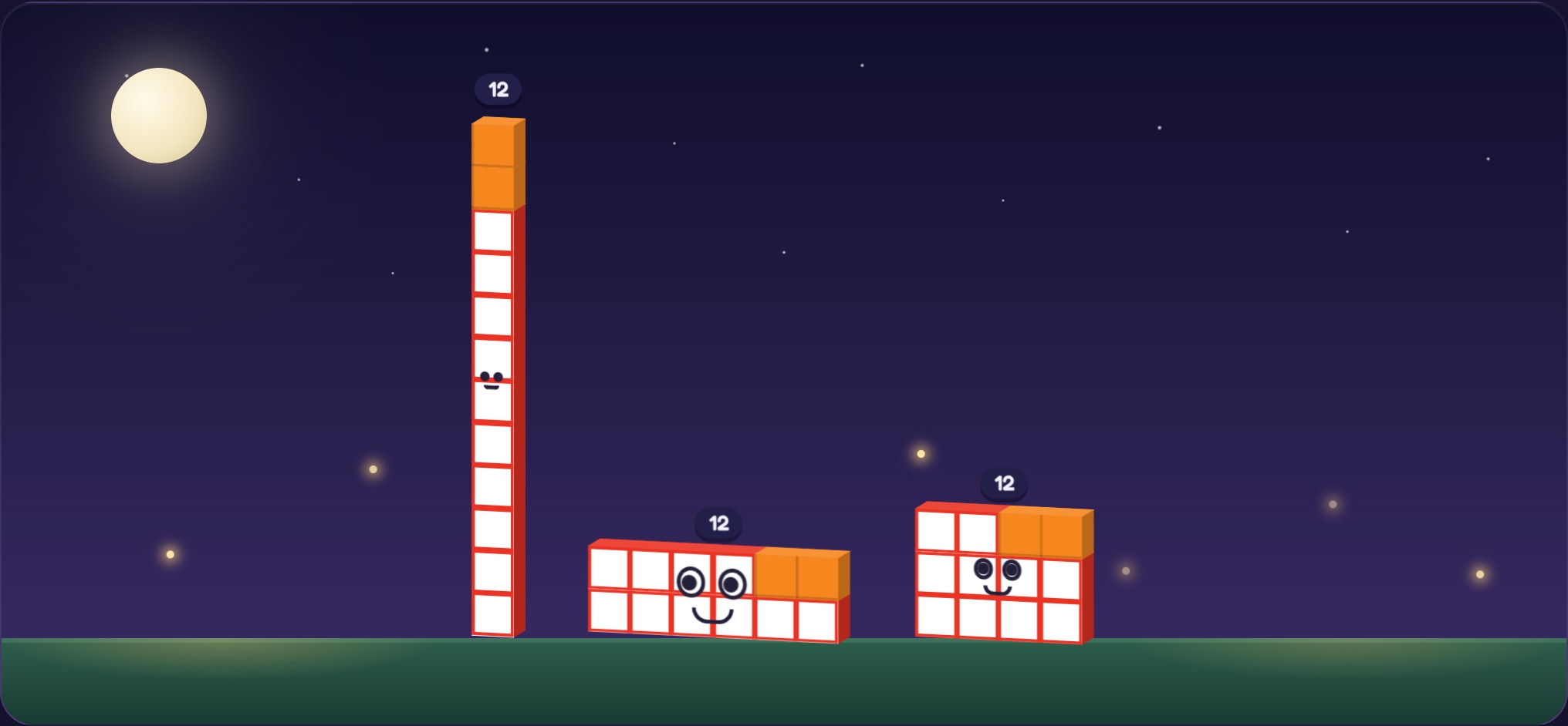 The number 12 shown three ways in a moonlit garden: as a line, as two rows of six, and as three rows of four. Each is one white ten with a red edge plus two orange ones.